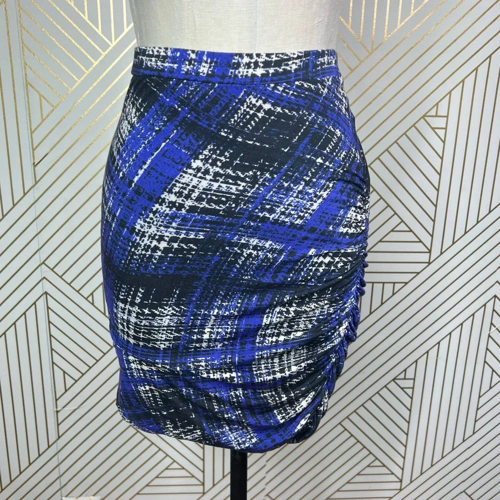Fuzzi Donna Blue Plaid Houndstooth Ruched Jersey Skirt‎ Size US Small